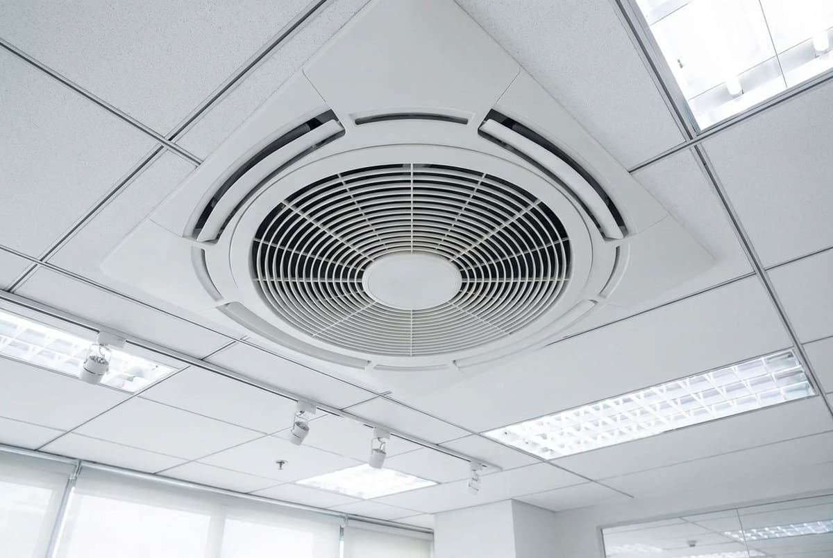 Ceiling cassette air conditioner installed flush in suspended ceiling
